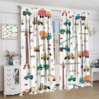 Construction Window Curtains, Kids Cartoon Construction Machines Building Hand Drawn Doodle Rod Pocket Decorative Windows Curtain for Children Teens Room Decor 84x84in (30% Blackout)