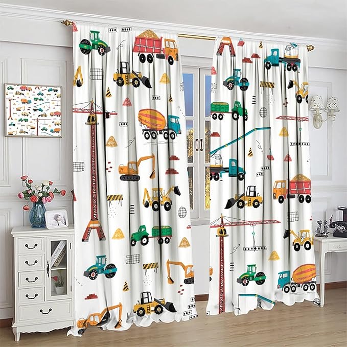 Construction Window Curtains, Kids Cartoon Construction Machines Building Hand Drawn Doodle Rod Pocket Decorative Windows Curtain for Children Teens Room Decor 63x63in (30% Blackout)