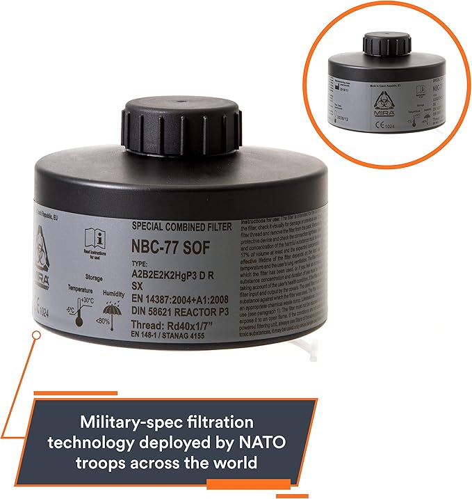 MIRA SAFETY M Gas Mask Filter - Certified CBRN Filter for Full Face Respirator Mask, 40 mm NATO Gas Mask Filter, Longest 20 Year Shelf Life, Vacuum Sealed NBC Filters, Compatible with Mira Gas Mask