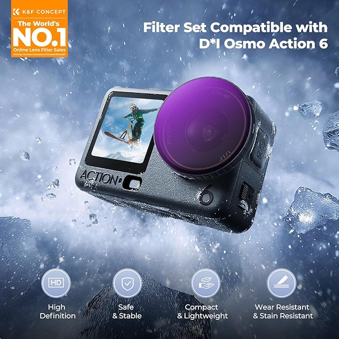 K&F CONCEPT Snap On ND Filter Kit Compatible with DJI Osmo Action 6, 4 Pack ND8 ND16 ND32 ND64 Light Reduction Neutral Density Filters HD Optical Glass/Multi-Coated Action Camera Accessories