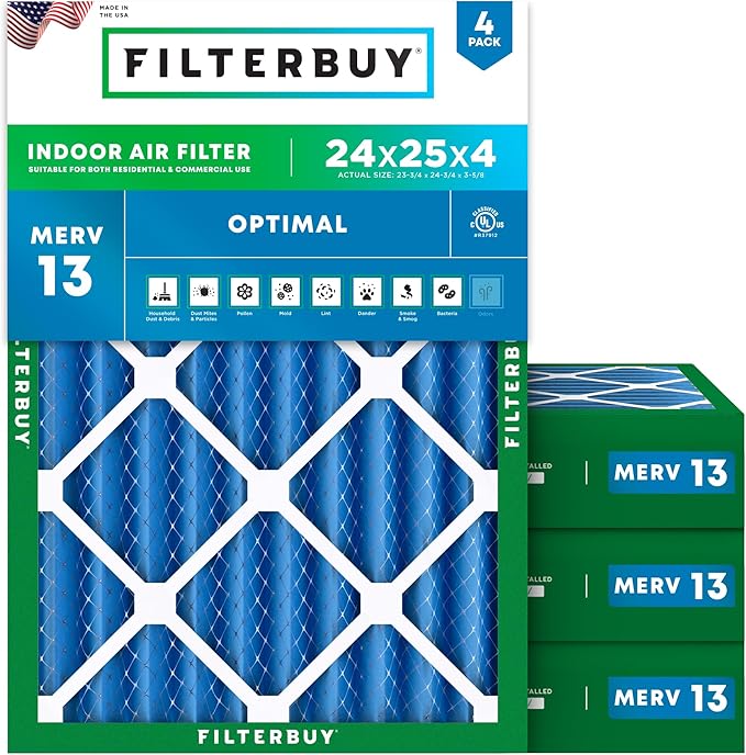 Filterbuy 24x25x4 Air Filter MERV 13 Optimal Smoke & Allergy Defense (4-Pack), Electrostatic Pleated HVAC AC Furnace Filters Replacement, Made in USA (Actual Size: 23.75 x 24.75 x 3.63)