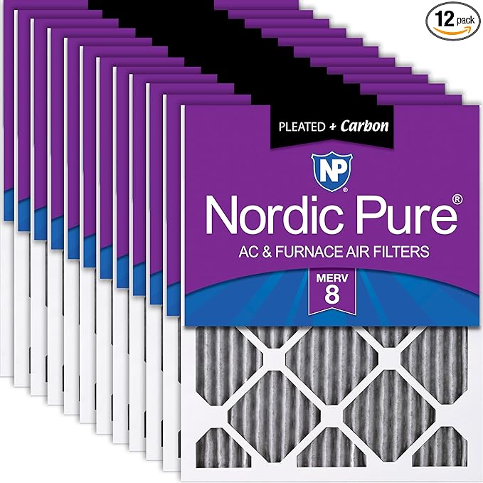Nordic Pure 12x25x1 (Actual Size: 11 3/4 x 24 3/4 x 3/4) Furnace Air Filters MERV 8 Pleated Plus Carbon 12 Pack