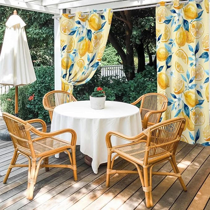 Lemon Outdoor Curtains for Patio Lemon Leaves Summer Plants Begin Waterproof Outside Curtains with Grommet Top Weatherproof Curtain for Cabana Pergola Gazebo, 2 Pack, 54" W x 95" L