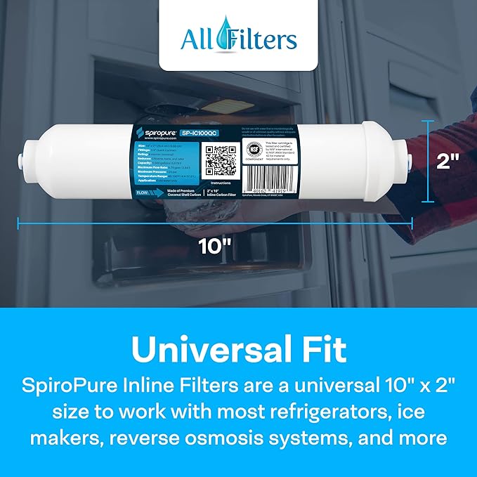 SpiroPure Inline Filter NSF Coconut Shell Granular Carbon Water Filter with 1/4" Quick-Connect, 2" x 10" (1 Pack)