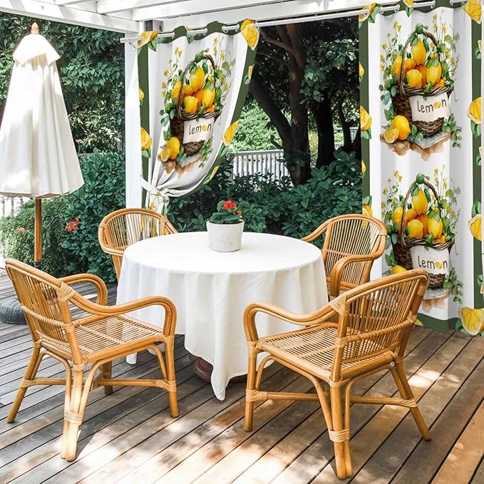 Lemon Outdoor Curtains for Patio Lemons Baskets Summer Tropical Plant Waterproof Outside Curtains with Grommet Top Weatherproof Curtain for Cabana Pergola Gazebo, 2 Pack, 54" W x 95" L