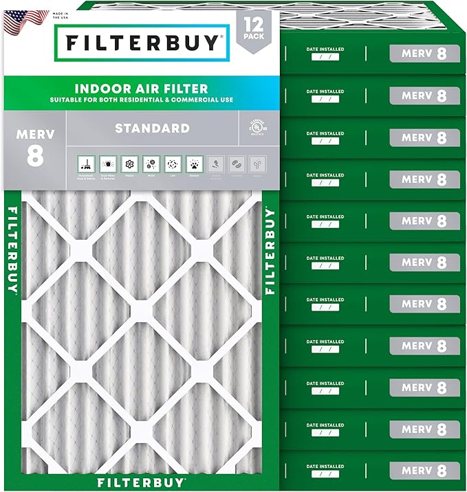 Filterbuy 14x30x2 Air Filter MERV 8 Essential Dust & Allergy Defense (12-Pack), Electrostatic Pleated HVAC AC Furnace Filters Replacement, Made in USA (Actual Size: 13.50 x 29.50 x 1.75)