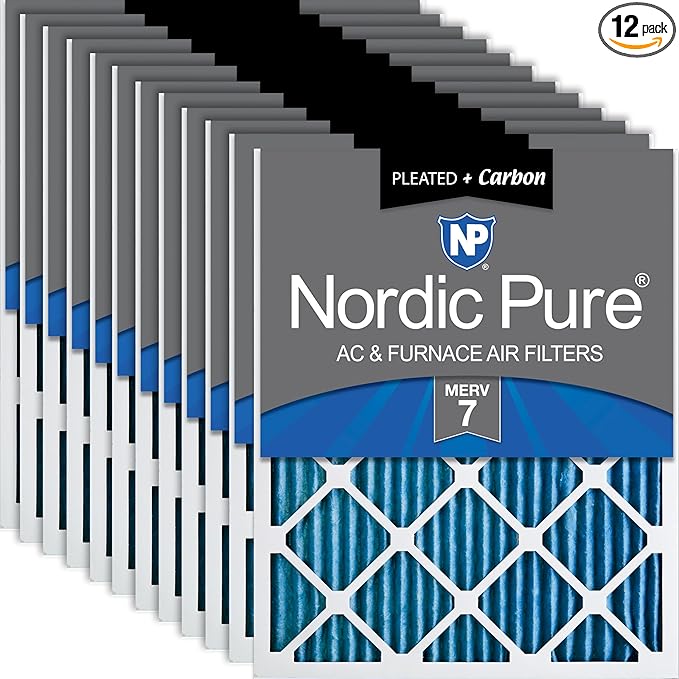 Nordic Pure 18x18x1 (Actual Size: 17 3/4 x 17 3/4 x 3/4) Pleated Air Filters MERV 7 Plus Carbon 12 Pack
