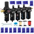 1/2'' NPT 5 Stage Air Dryer for Compressor,5 &0.5 &0.01 Micron Filter Cartridge Air Drying System,Double Desiccant Dryers & Air Regulator,Metal Bowl, Semi-Auto Drain,Industrial Grade-Black