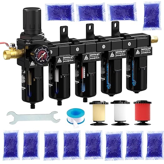 1/2'' NPT 5 Stage Air Dryer for Compressor,5 &0.5 &0.01 Micron Filter Cartridge Air Drying System,Double Desiccant Dryers & Air Regulator,Metal Bowl, Semi-Auto Drain,Industrial Grade-Black
