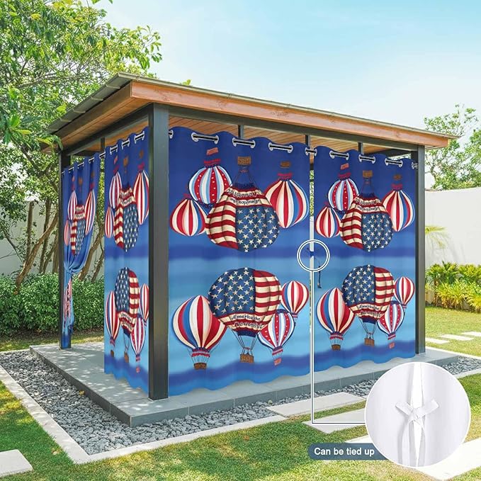 Independence Day Waterproof Outdoor Curtains for Patio, Windproof Weatherproof Curtains with Weighted Hem, Hot Air Balloon Patriotic Star Light Filtering Privacy Drapes for Porch 54"x 108" 2 Panels