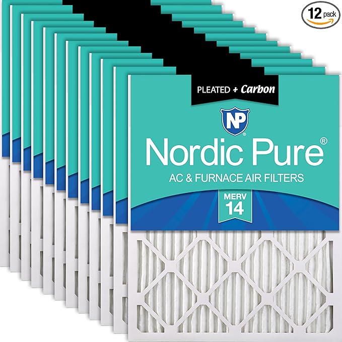 Nordic Pure 20x25x1 (19 1/2 x 24 1/2 x 3/4) Pleated Air Filters MERV 14 Plus Carbon 12 Pack