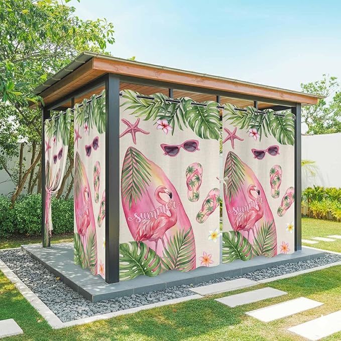 Summer Flamingbirds Outdoor Curtains for Patio Palm Leaves Plumeria Linen Waterproof Outside Curtains with Grommet Top Weatherproof Curtain for Cabana Pergola Gazebo, 1 Panel, 54" W x 95" L