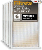 Filtrete 14x25x1 AC Furnace Air Filter, MERV 5, MPR 300, Capture Unwanted Particles, 3-Month Pleated 1-Inch Electrostatic Air Cleaning Filter, 6-Pack (Actual Size 13.81x24.81x0.81 in)