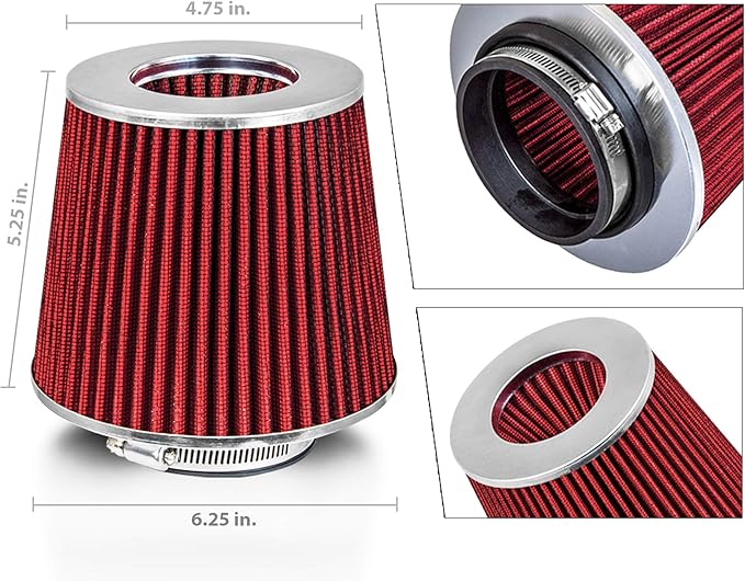 Mortar Aftermarket Auto Air Filter Replacement - Car Enthusiast Class Universal Cold Air Intake Gulps in More Air for More Engine Power & Passionate Induction Sound, 3 In, Red