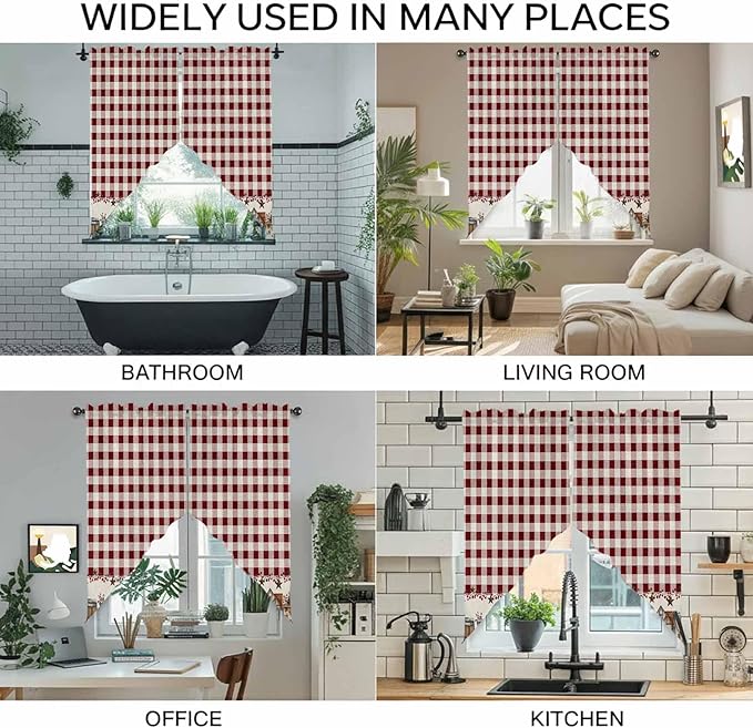 Swag Curtain Valances for Kitchen Windows,Farm Barn Western Star on Vintage Short Rod Pocket Window Valance,Red Buffalo Plaid Swag Topper for Bedroom Living Room,2 Panels 36x63in