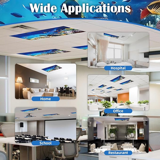 4 Pcs Fluorescent Light Covers - Classroom, Office 4 x 2 Feet Flame Retardant Magnetic Covers for Ceiling Lights Filters (Underwater World)