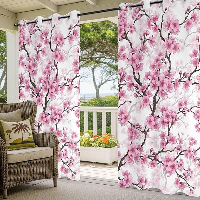 Cherry Flowers Outdoor Curtains for Patio Spring Flower Vintage Watercolor Waterproof Outside Curtains with Grommet Top Weatherproof Curtain for Cabana Pergola Gazebo, 2 Pack, 54" W x 108" L