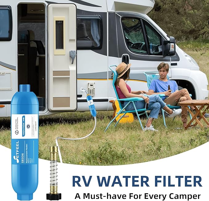 RV Water Filter, NSF Certified Camper Water Filter For RV Garden, Camping Must Haves For Reduces Chlorine, Bad Taste, Odor, Inline Hose Filter with 1 Flexible Hose Protectors, Pack of 2