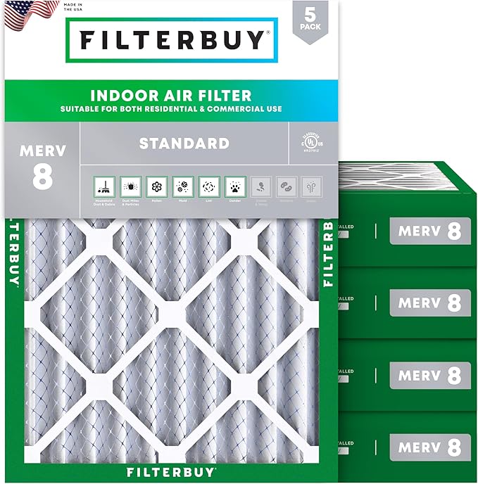Filterbuy 20x23x4 Air Filter MERV 8 Essential Dust & Allergy Defense (5-Pack), Electrostatic Pleated HVAC AC Furnace Filters Replacement, Made in USA (Actual Size: 19.50 x 22.50 x 3.63)