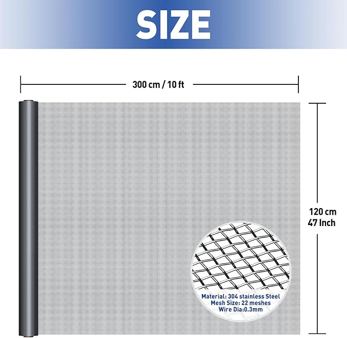 MAGZO 304 Stainless Steel Mesh Screen Roll 47in x 10ft - 22 Mesh Pet Proof Metal Window Screen Replacement, Screen Door Mesh for Patio,Porch,Pet,Cage,Vent Cover,Filter,Gutter Guard,Rodent Protection