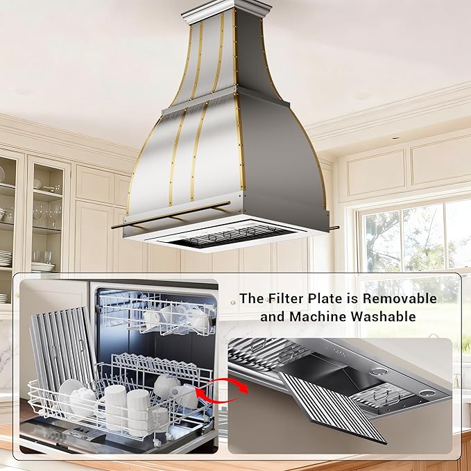 CHETTO C Stainless Steel Range Hood Cover with Quiet Vent Hood Insert Custom Handcrafted Metal Kitchen Fan with Towel Rack LED Light 48"W x27"D x51"H Brushed Stainless Steel Island Mount