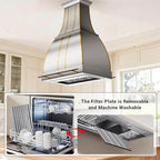 CHETTO C Stainless Steel Range Hood Cover with Quiet Vent Hood Insert Custom Handcrafted Metal Kitchen Fan with Towel Rack LED Light 60"W x27"D x18"H Brushed Stainless Steel Island Mount
