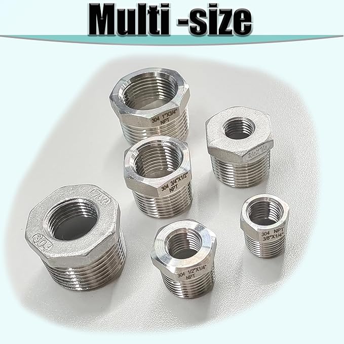 3/8" NPT Male to 1/4" NPT Female Hex Bushing Reducer, 304 Stainless Steel NPT Reducing Adapter Pipe Fitting, Heavy Duty Pipe Hex Bushing for Reducing Pipe (3/8” MNPT x 1/4” FNPT)