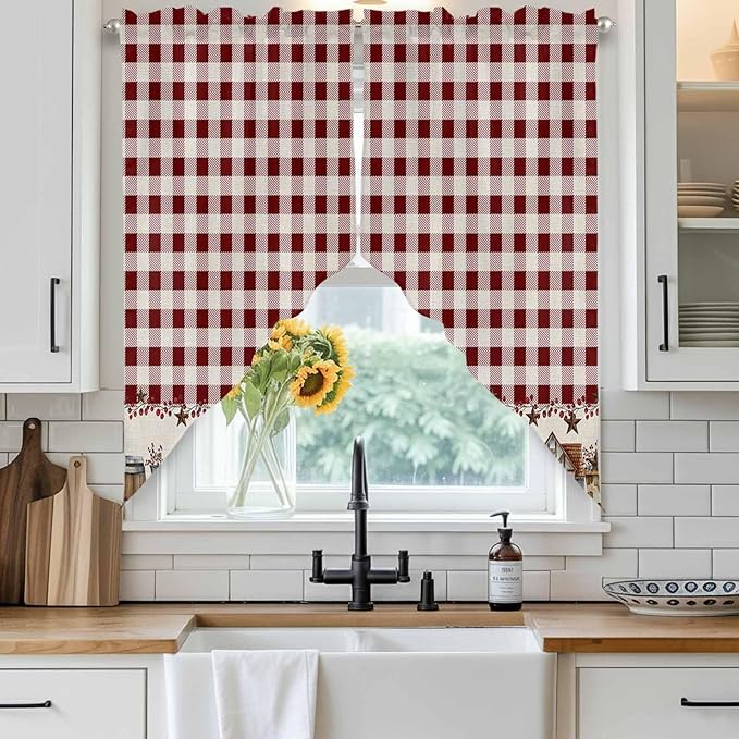 Swag Curtain Valances for Kitchen Windows,Farm Barn Western Star on Vintage Short Rod Pocket Window Valance,Red Buffalo Plaid Swag Topper for Bedroom Living Room,2 Panels 36x63in