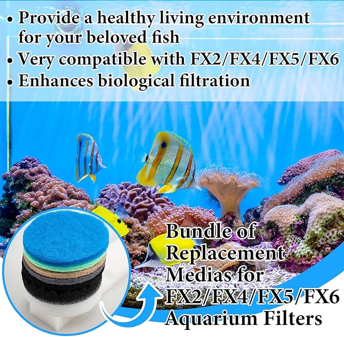 62 Pcs Compatible with Fluval Fx4/fx5/fx6 Replacement Filter Media, 6 Foam Block, 6 Carbon and 6 Water Polishing Pad, 4 Bio-sponge 6 Filter Pad, 6 Carbon, 18 Nitrite/phosphate/ammonia Remover