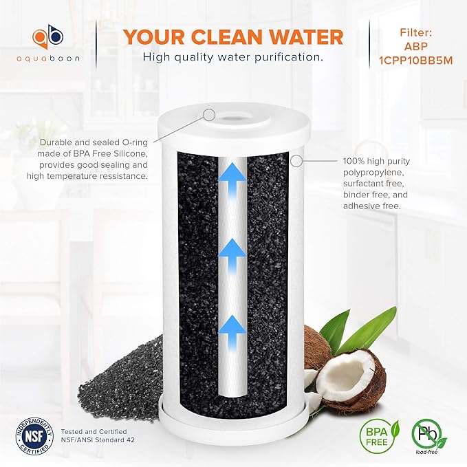 Aquaboon 5 Micron 10 x 4.5 Whole House Water Filter Replacement Cartridge, Superior High-Capacity Whole House Carbon And Sediment Water Filter Compatible With FXHTC, GXWH35F, WHKF-GD25BB (2 Pack)