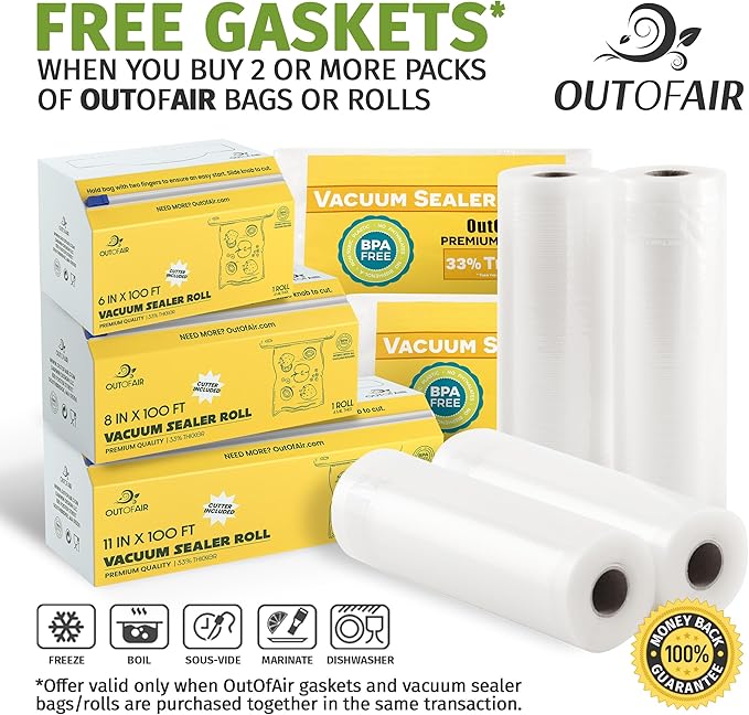100 Vacuum Sealer Bags: Pint Size (6" x 10") by OutOfAir Works with FoodSaver & Other Machines - 33% Thicker BPA Free, Commercial Grade, 6 x 10 inches