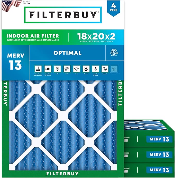 Filterbuy 18x20x2 Air Filter MERV 13 Optimal Smoke & Allergy Defense (4-Pack), Electrostatic Pleated HVAC AC Furnace Filters Replacement, Made in USA (Actual Size: 17.50 x 19.50 x 1.75)
