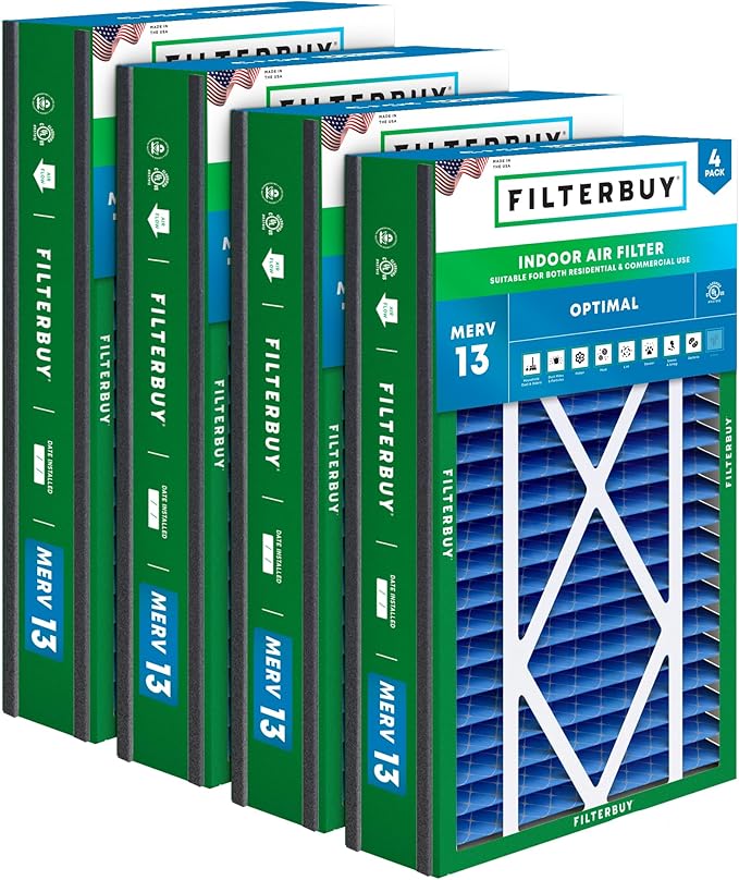 Filterbuy 16x25x3 Air Filter MERV 13 Optimal Smoke & Allergy Defense (4-Pack), Electrostatic Pleated HVAC AC Furnace Filters for Trion Air Bear, Lennox X0581 & More (Actual Size: 15.63 x 24.13 x 3.00)