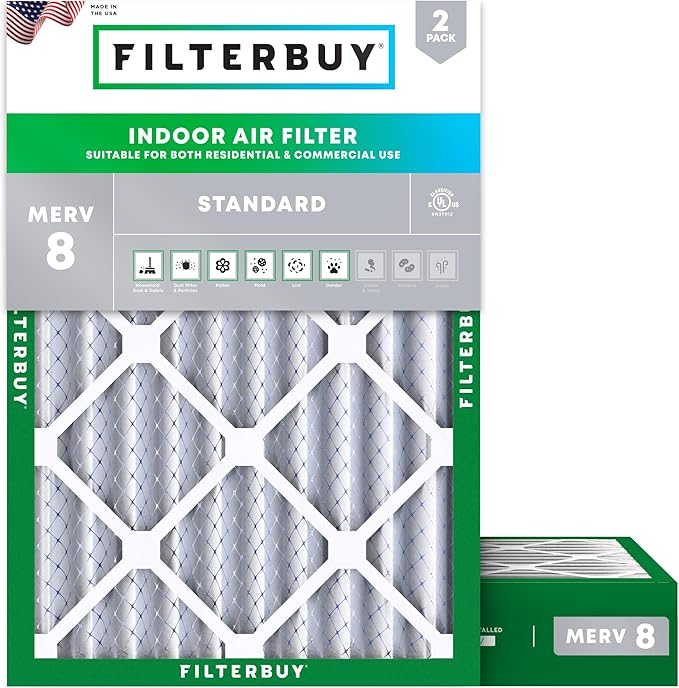 Filterbuy 16x18x4 Air Filter MERV 8 Essential Dust & Allergy Defense (2-Pack), Electrostatic Pleated HVAC AC Furnace Filters Replacement, Made in USA (Actual Size: 16.00 x 18.00 x 3.63)