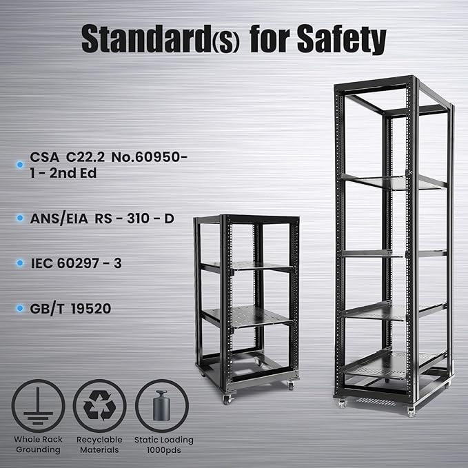 Raising Electronics Server Rack Open Frame Rack 4 Post 19 inch Adjustable Server/Audio Rack Cold Rolled Steel (15U-24 Depth, Black-15U)