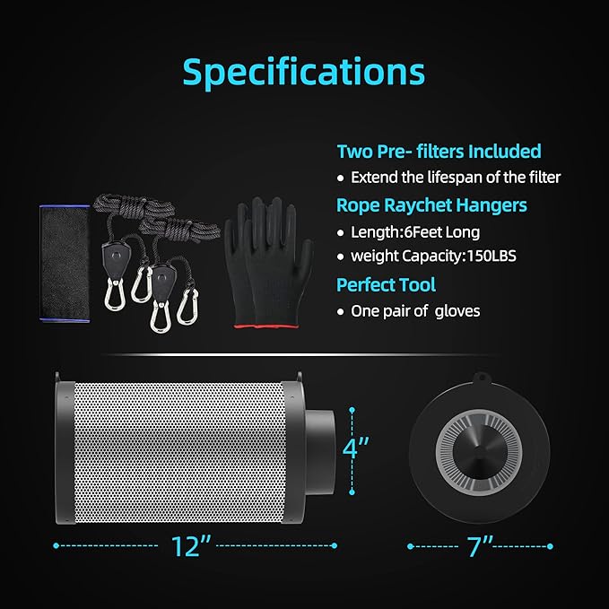 6 Inch Air Carbon Filter for Grow Tent,Smellines Control with Australia Virgin Charcoal for inline duct fan，Hydroponic Growth,Pre-Filter Included