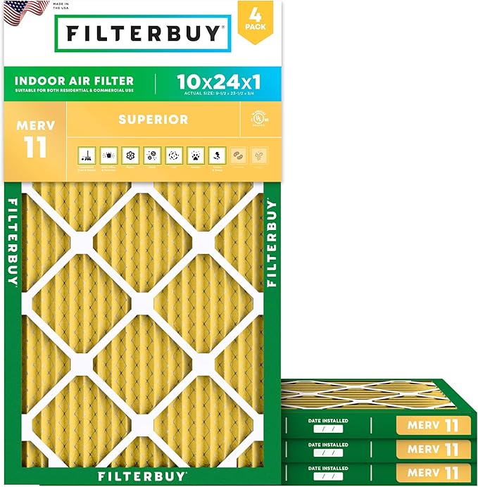 Filterbuy 10x24x1 Air Filter MERV 11 Superior Pet & Allergy Defense (4-Pack), Electrostatic Pleated HVAC AC Furnace Filters Replacement, Made in USA (Actual Size: 9.50 x 23.50 x 0.75)