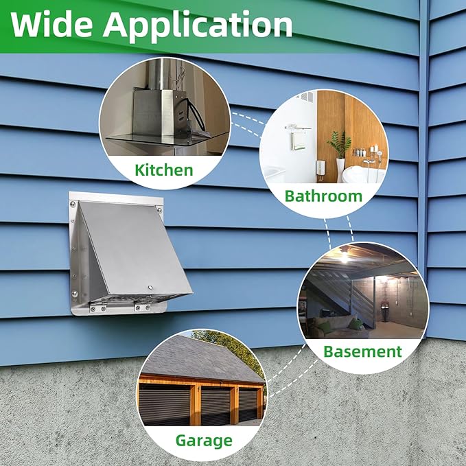 6 Inch Hooded Wall Vent with Screen and Damper,6 Inch Exhaust Vent Cover Cap for Outdoor Kitchen Range Hood Dryer Ventilation,Outside Wall Mount Extractor for House Air Exhaust, Stainless Steel