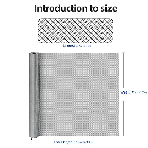 304 Stainless Steel Mesh Screen, Wire Screen Mesh, Rust Free Woven Wire Mesh, Metal Mesh Screen for Air Vents, Window Screen, Filters, Cage,Garden Covers (40mesh 47in×118in)