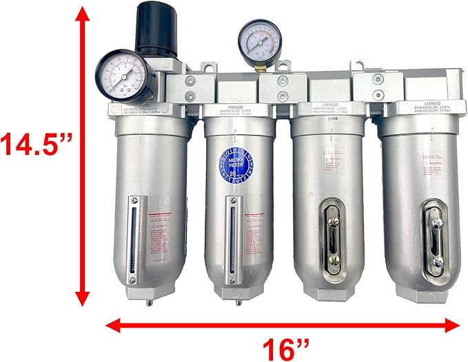 4 STAGE SUPER DUTY INDUSTRIAL GRADE ULTRA CLEAN FILTER REGULATOR COALESCING DESICCANT DRYER SYSTEM FOR COMPRESSED AIR LINES METAL BOWLS GREAT FOR PAINT SPRAY AND PLASMA CUTTER (3/4"NPT AUTO DRAIN)