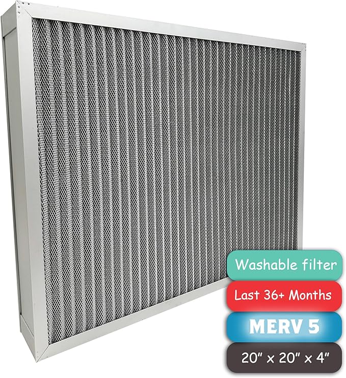 Washable Air Filter(20" x 20" x 4" MERV 5), Aluminum Electrostatic Air Filter for Furnace and Central Air Conditioner (Actual Size: 19.7" x 19.7" x 3.6")