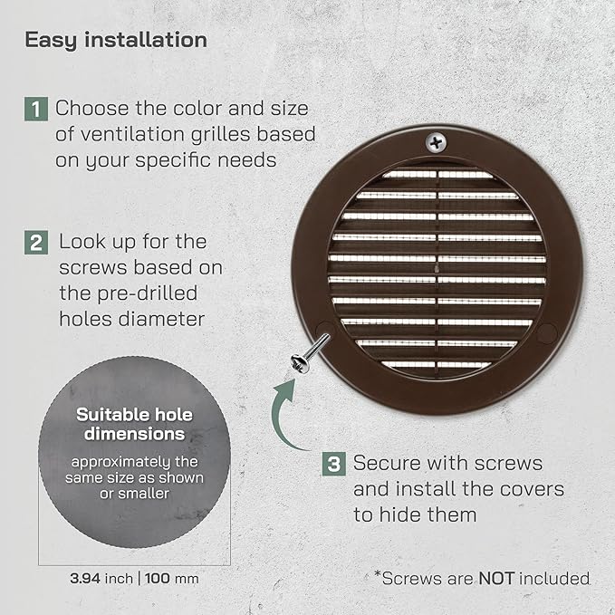 Vent Systems 4" Inch (Opening Dimensions) - Pack of 2 - Brown Soffit Vent Cover - Plastic Round Air Vent Grille - Built-in Mesh Screen - HVAC Register Louver for Bathroom, Home, Kitchen