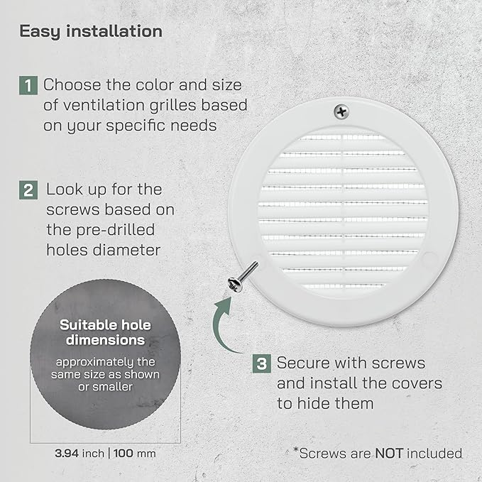 Vent Systems 4" Inch (Opening Dimensions) - Pack of 2 - White Soffit Vent Cover - Plastic Round Air Vent Grille - Built-in Mesh Screen - HVAC Register Louver for Bathroom, Home, Kitchen