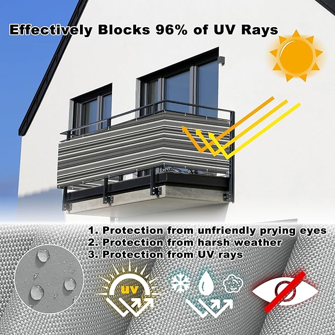Privacy Screen Protector 3.1' x 49.2' UV-Protection Wind-Resistant Outdoor Privacy Screens, Included Cable Zip Ties for Porch Deck Outdoor Backyard Patio Balconys, Black White Stripes