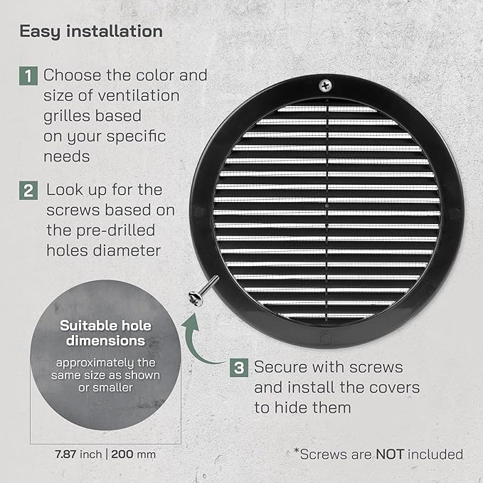 Vent Systems 8" Inch (Opening Dimensions) - Pack of 5 - Black Soffit Vent Cover - Plastic Round Air Vent Grille - Built-in Mesh Screen - HVAC Register Louver for Bathroom, Home, Kitchen