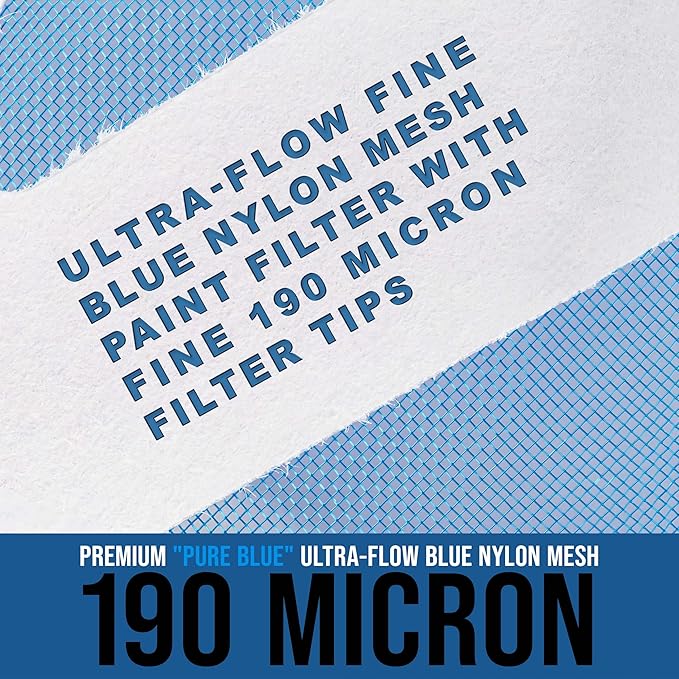 TCP Global - 190 Micron Filter Tips Ultra-Fine Paint Strainer (250 Pack) - Pure Blue Nylon Mesh Cone Strainer - Paint Filter Cones for Auto, House & Hobby