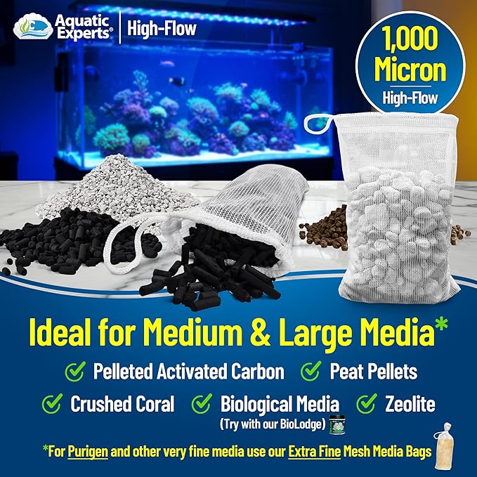 Aquatic Experts High Flow Filter Media Bag - Durable Filter Bags for Fish Tank, Secure Aquarium Media Bag with Drawstring, Media Bags for Aquarium and Pond, High Flow (White), 5" x 9" - 4 Pack