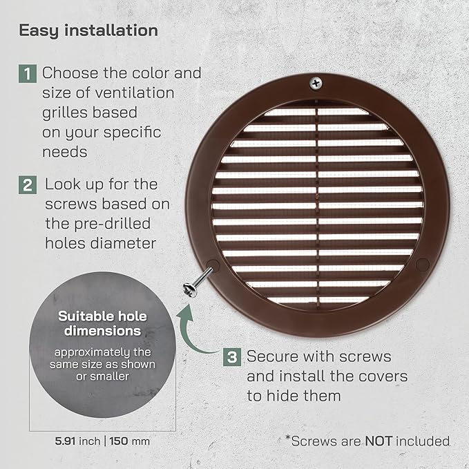 Vent Systems 6" Inch (Opening Dimensions) - Pack of 5 - Brown Soffit Vent Cover - Plastic Round Air Vent Grille - Built-in Mesh Screen - HVAC Register Louver for Bathroom, Home, Kitchen
