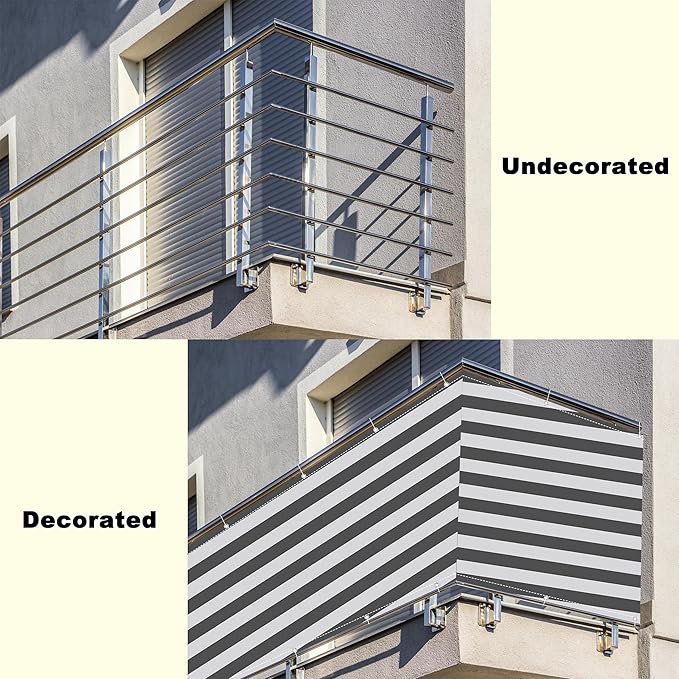 Fence Privacy Screen 2.5' x 29.5' UV Protection 96% Balcony Privacy, with Grommets, for Deck Apartment Porch Backyard Patio Outdoor, Gray Stripes