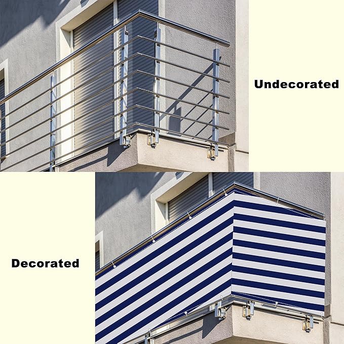 Balcony Privacy Screen 3.6' x 19.7' Durable and UV Resistant Balcony Privacy, Included Cable Ties Customized Size for Apartments, Deck, Porch, Patio, Railing, Outdoor Pool, Blue Stripes